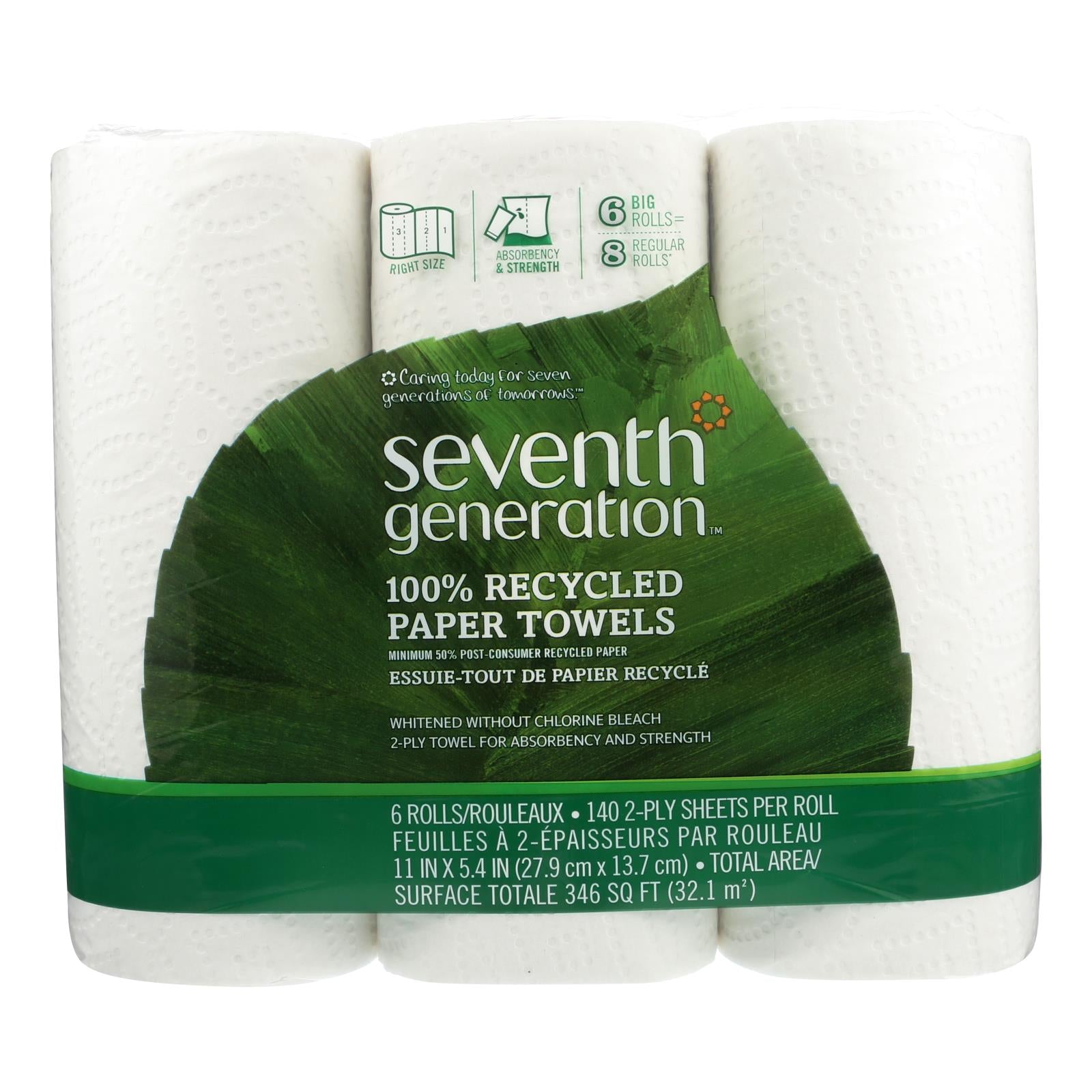 Seventh Generation Recycled Paper Towels - White - Case Of 4 - 140 Sheets - Whole Green Foods