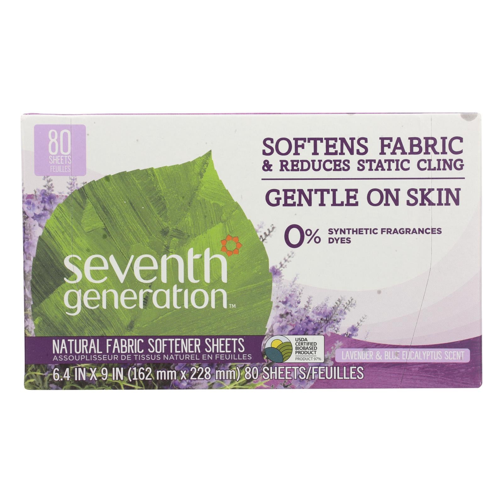 Seventh Generation Natural Fabric Softener Sheets - Blue Eucalyptus And Lavender - Case Of 12 - 80 Count - Whole Green Foods