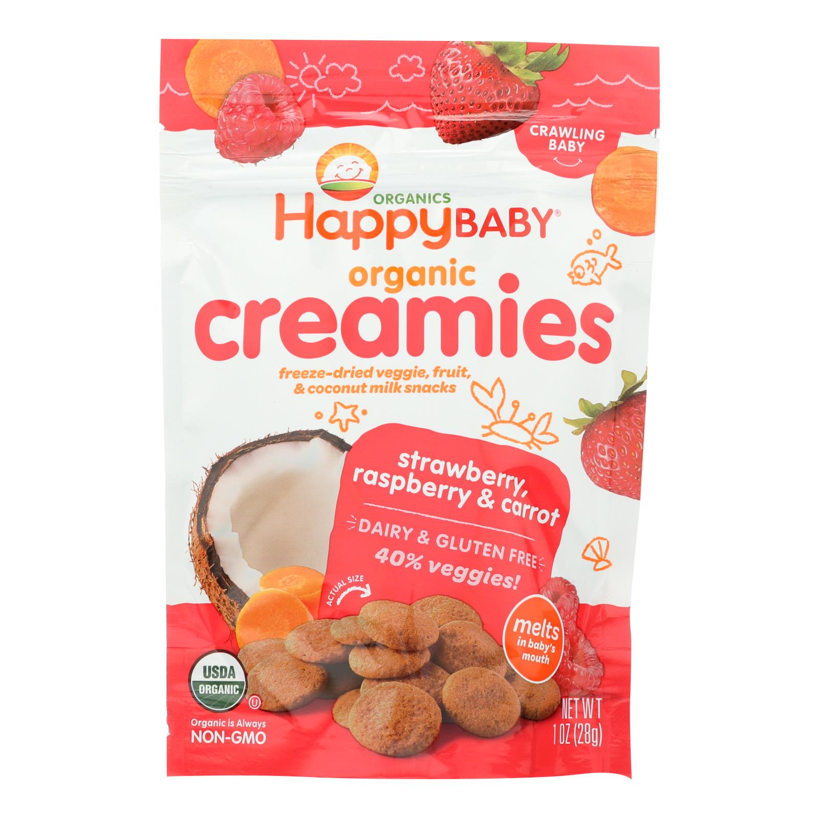 Happy Creamies Organic Snacks - Strawberry And Raspberry - Case Of 8 - 1 Oz - Whole Green Foods