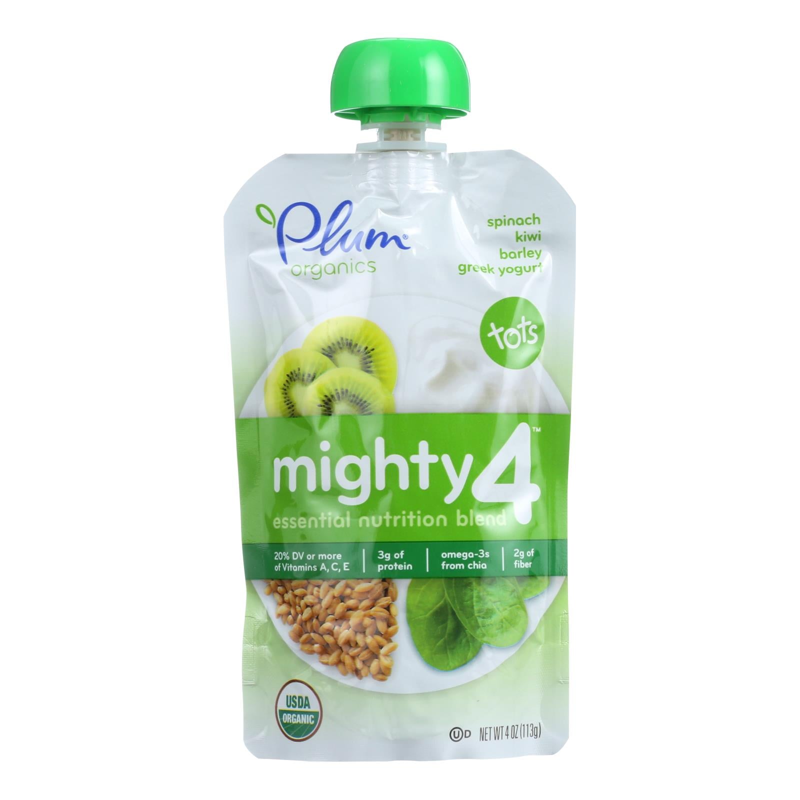 Plum Organics Essential Nutrition Blend - Mighty 4 - Spinach Kiwi Barley Greek Yogurt - 4 Oz - Case Of 6 - Whole Green Foods