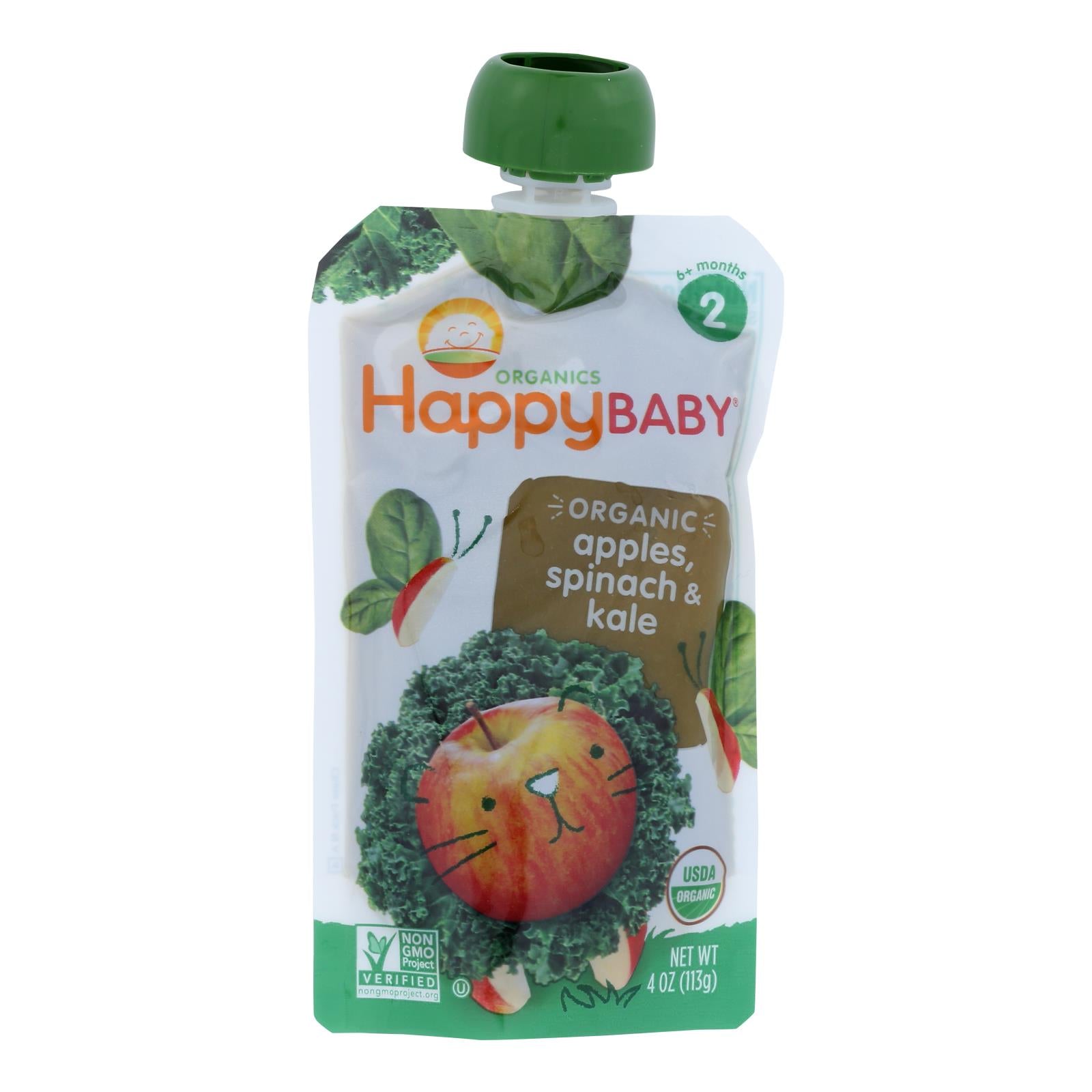 Happy Baby Organic Stage 2 Baby Food - Apple - Spinach & Kale Pouch - Case Of 16 - 3.5 Oz - Whole Green Foods