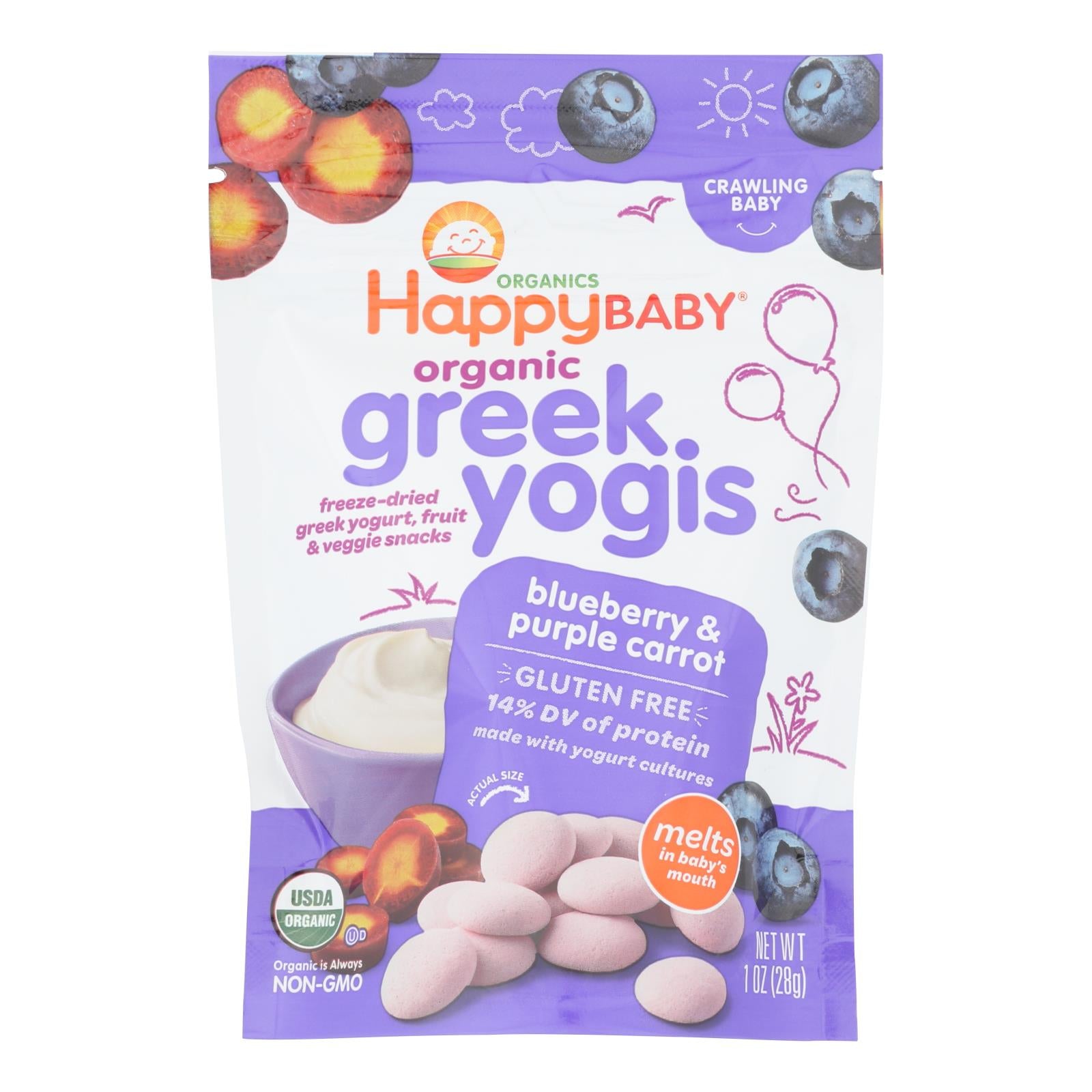 Happyyogis Yogurt Snacks - Organic - Freeze-dried - Greek - Babies And Toddlers - Blueberry And Purple Carrot - 1 Oz - Case Of 8 - Whole Green Foods