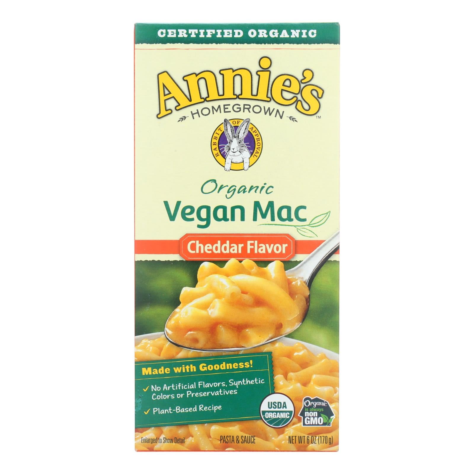 Annie's Homegrown Organic Macaroni & Cheese - Vegan Cheddar Flavored - Case Of 12 - 6 Oz - Whole Green Foods