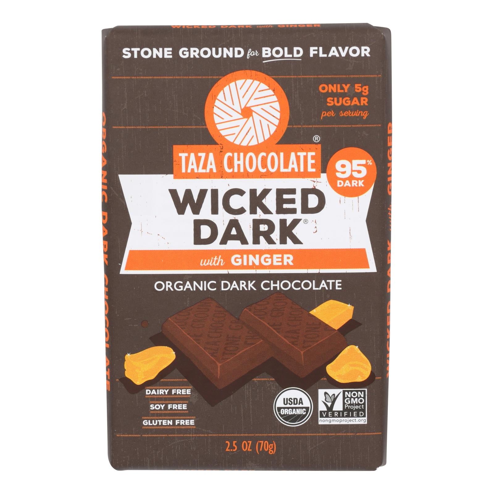 Taza Chocolate - Bar Wckd Dark Ginger 95% - Case Of 10 - 2.5 Oz - Whole Green Foods