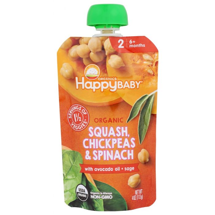 HAPPY BABY: Organic Squash Chickpeas And Spinach With Avocado Oil And Sage Baby, case of 6 Food, 4 oz